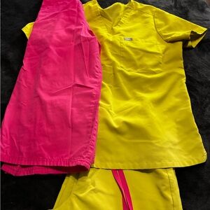 Figs Vibrant Yellow and Pink Scrub set.
Including matching Scrub Jacket!!!